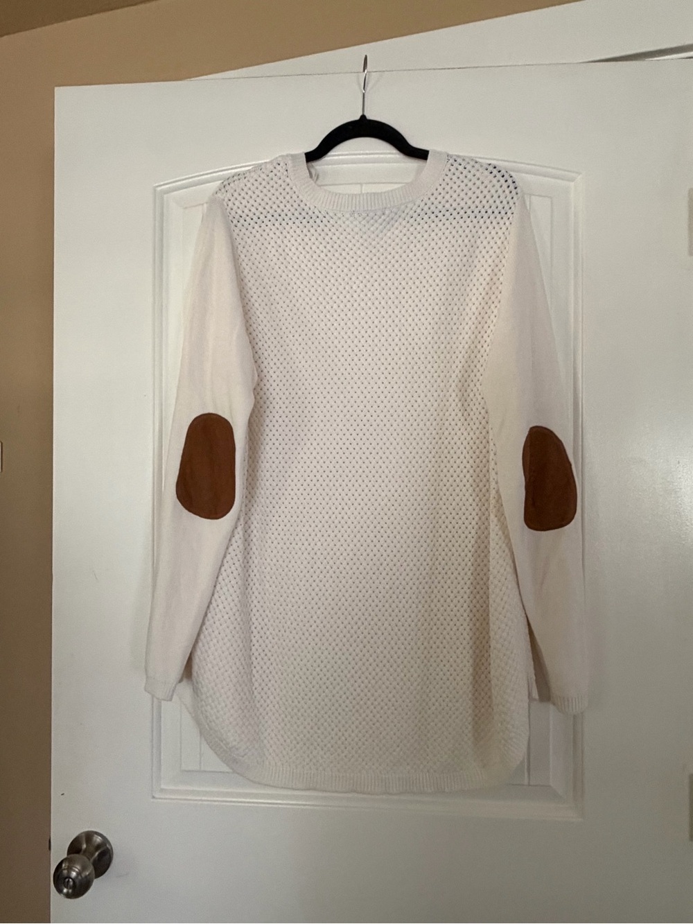 Cream Knit Long-Sleeve Dress with Brown Elbow Patches